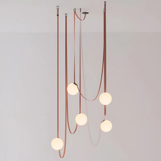 Five-globe Scandinavian chandelier with adjustable leather belts and glass shades, ideal for modern loft interiors