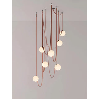 Modern Scandinavian chandelier with seven glass globes and leather belts, Italian design pendant lighting for high ceilings