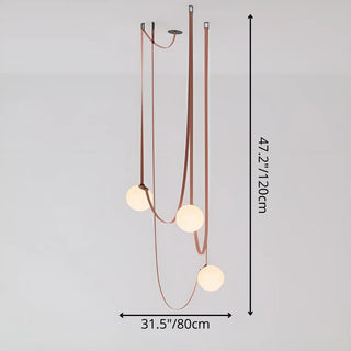 Three-globe Scandinavian chandelier with synthetic leather straps and frosted glass balls, modern pendant light for dining or living rooms