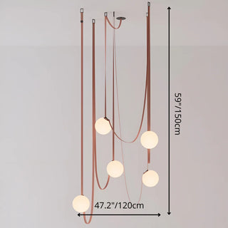 Five-globe Scandinavian leather belt chandelier with glass pendants, minimalist Italian design lighting for loft or duplex interiors