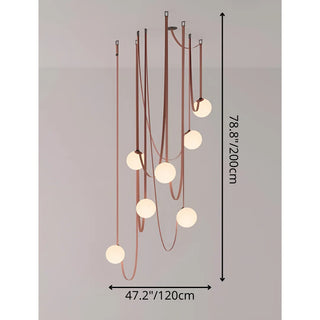 Seven-globe Scandinavian chandelier with leather straps and glass balls, modern pendant light for staircases and high ceilings