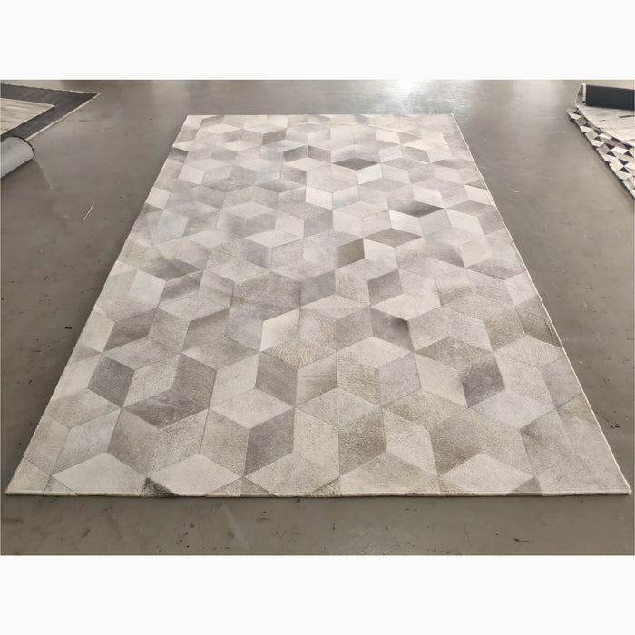 Grey Cowhide Carpet with Artistic Geometric Pattern | Premium cowhide rug | Subtle grey hues | Natural and eco-friendly | Unique geometric styling