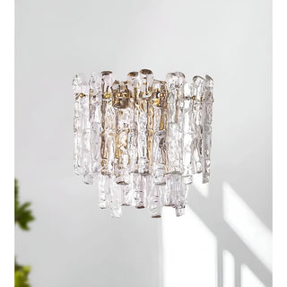 Front view of Venezia Murano Glass Wall Sconce featuring handcrafted clear Murano glass prisms and brass frame