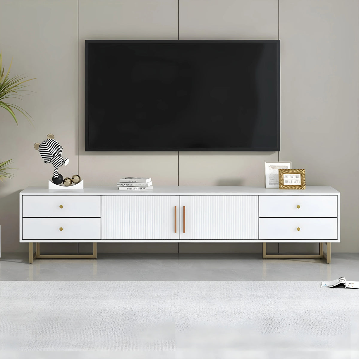 White vintage TV stand with wave groove doors for living room