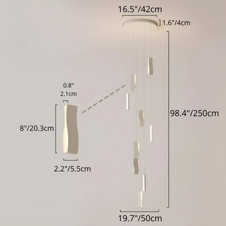 Technical diagram of waveform chandelier showing 42 cm canopy, 250 cm drop length, and 20 cm wavy LED pendants