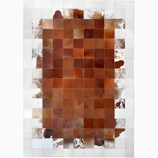 White and brown cowhide rectangular rug for the parlor, ideal for creating a cozy atmosphere