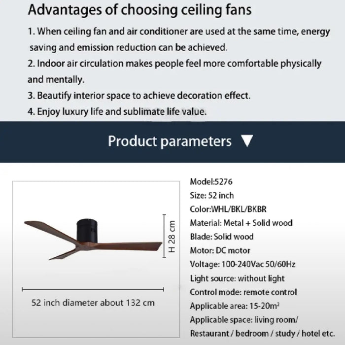 Ceiling Fan Lamp with Plastic Blade and Remote Control | 52" Parameters