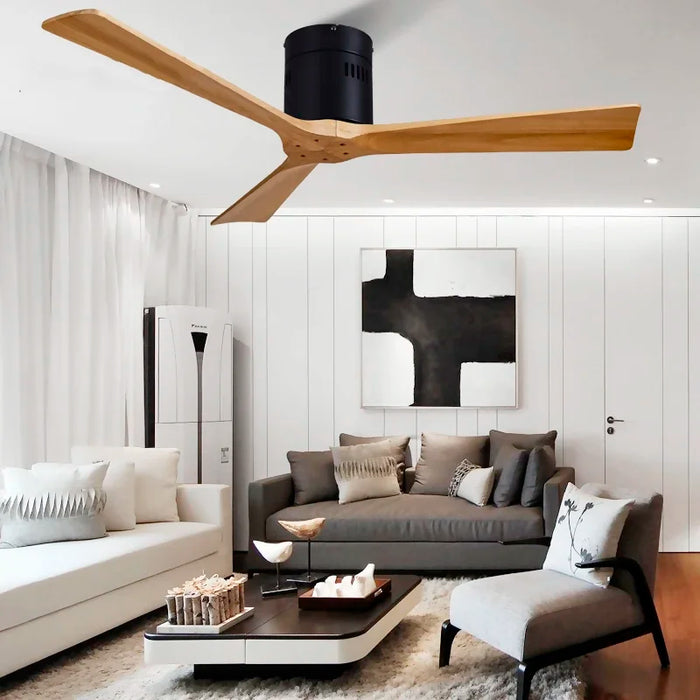 Modern Flush-Mounted Ceiling Fan with 3 Wooden Blades | 52''