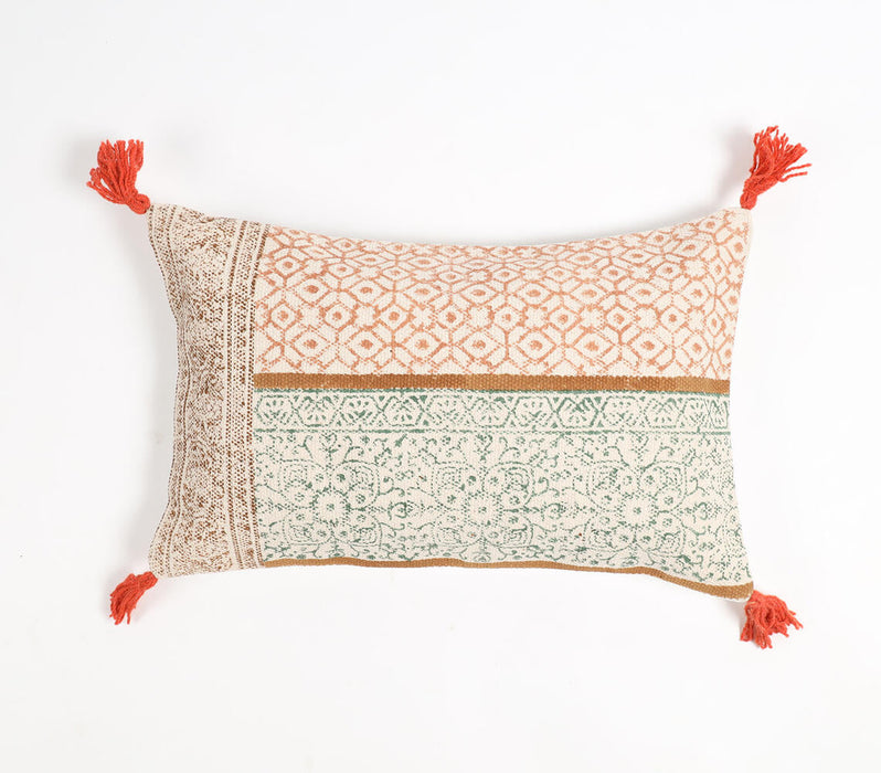 Block Printed Cotton Floral Tasseled Lumbar Cushion Cover