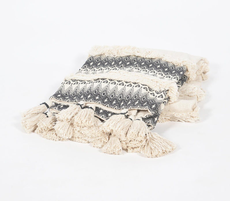 Handwoven Cotton Frayed-Striped Throw with Tassels