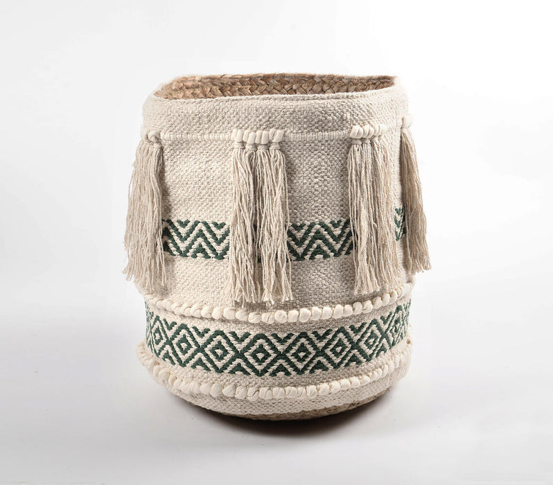 Handwoven Olive Cotton & Braided Jute Basket