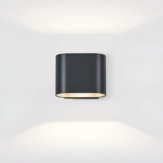 Aeris black aluminum wall light with symmetrical dual LED beams on white background