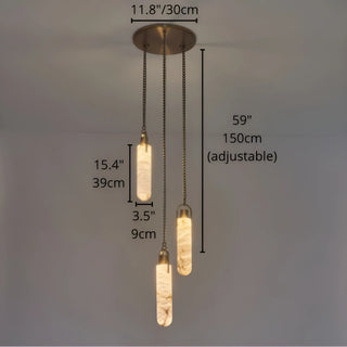 Three-light alabaster cluster staircase chandelier with adjustable suspension chains and 30 cm brushed brass canopy dimensions.