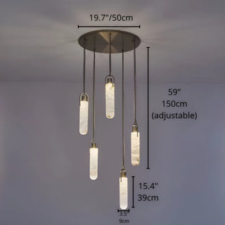 Alabaster cluster staircase chandelier with five pendant lights, brushed brass canopy and adjustable hanging chains, dimensions 50 cm canopy.