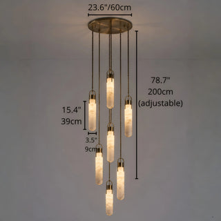 Seven-light alabaster cluster staircase chandelier with brushed brass canopy, adjustable 200 cm suspension and product dimensions