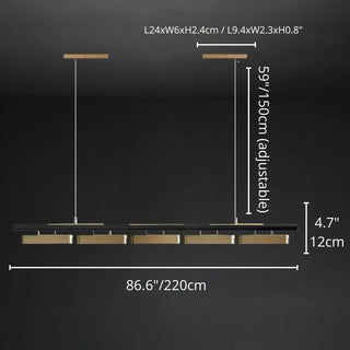 Technical illustration showing detailed dimensions of the Albavilla LED chandelier including adjustable cable length