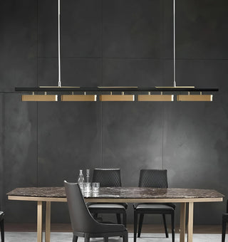 Albavilla minimalist LED chandelier suspended above a black marble dining table in a modern dining room