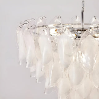 Chrome frame detail of Altavilla Murano Glass Chandelier with handcrafted glass discs
