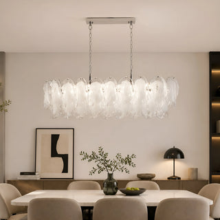 Altavilla Rectangular Murano Glass Chandelier in a modern dining room setting, above table with chairs and decor