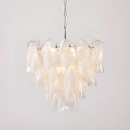 Side angle view of Altavilla Murano Glass Chandelier with chrome frame and layered glass