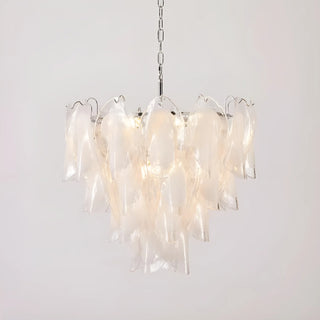 Side angle view of Altavilla Murano Glass Chandelier with chrome frame and layered glass