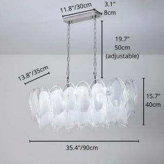 Altavilla Rectangular Murano Glass Chandelier with labeled dimensions: 35.4" width, 15.7" depth, 19.7" adjustable drop