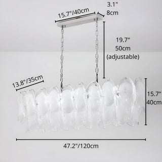 Altavilla Rectangular Murano Glass Chandelier with labeled dimensions: 47.2" width, 15.7" depth, 19.7" adjustable drop