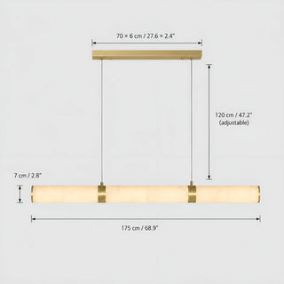 Dimensions of the 69-inch Alvara pendant: 68.9 in long, 2.8 in tube, 47.2 in adjustable drop
