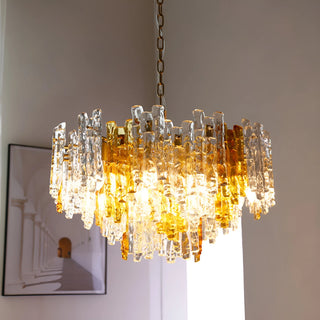 Artistic Murano chandelier featuring alternating amber and clear handcrafted glass elements