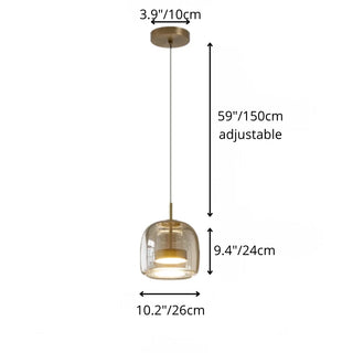 Cylinder-shaped amber glass pendant lamp with gold details, 26cm wide and adjustable 150cm cable