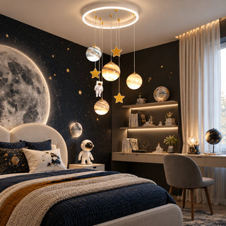 Astrielle chandelier above a space-themed bedroom with a moon mural