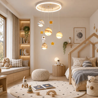 Astrielle chandelier in a neutral kids bedroom with a house-frame bed