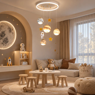 Astrielle planet chandelier in a bright nursery playroom