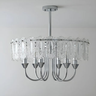 Aurem chrome dining room chandelier with embossed glass panels and modern classic design