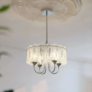 Illuminated Aurem chrome glass chandelier with decorative embossed crystal glass panels
