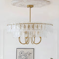 Double layer Aurem dining room glass chandelier in brass finish with decorative textured glass panels