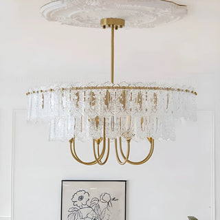 Double layer Aurem dining room glass chandelier in brass finish with decorative textured glass panels