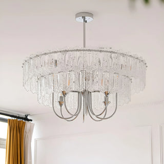 Double layer Aurem dining room glass chandelier in chrome finish with textured glass panels