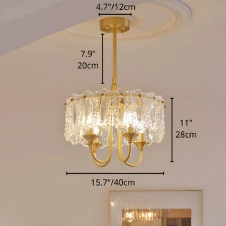 Aurem dining room glass chandelier in brass finish with textured glass panels, 40cm diameter size dimensions