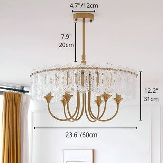 Aurem dining room glass chandelier in brass finish with textured glass panels, 60cm diameter size dimensions