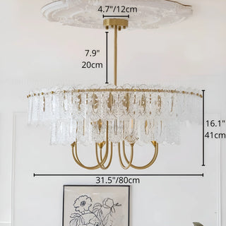 Aurem dining room glass chandelier in brass finish with double layer textured glass, 80cm diameter dimensions