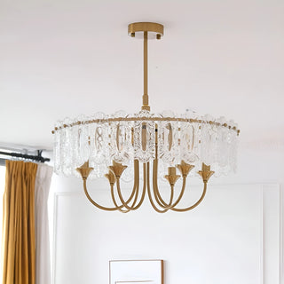 Aurem living room glass chandelier in brass finish with sculptural textured glass details