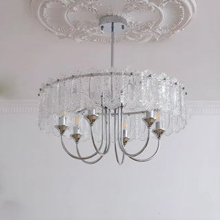 Modern Aurem glass chandelier in chrome finish with decorative textured glass elements