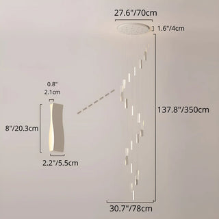 Waveform chandelier size reference with 70 cm canopy, 78 cm width, and cascading LED pendants up to 350 cm drop