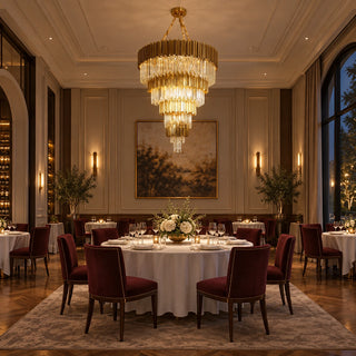 Four-tier Beausoleil chandelier above a round dining table