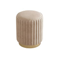 Beige velvet ottoman with vertical stitching and warm gold base — Nordic-style stool for vanity or bedroom