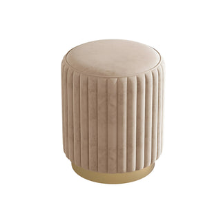 Beige velvet ottoman with vertical stitching and warm gold base — Nordic-style stool for vanity or bedroom