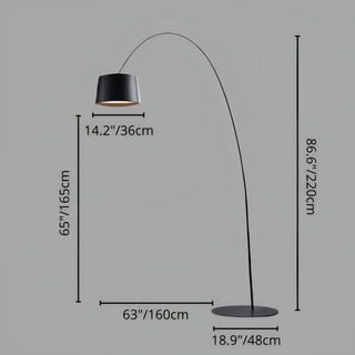 Size diagram of modern black arc floor lamp - 86.6 inches 220 cm height, 63 inches 160 cm reach, 14.2 inches 36 cm lampshade diameter.