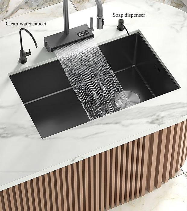 MIRODEMI® Black Modern Stainless Steel Sink With Waterfall Design Large Single For Kitchen