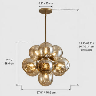 Dimensions of the Bollara cluster chandelier: 27.8 in / 70.6 cm diameter, 23 in / 58.4 cm height, adjustable drop 23.9 to 83.9 in, 5.9 in / 15 cm canopy